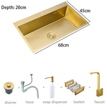 Charger l&#39;image dans la galerie, Évier de cuisine doré en acier inoxydable 304, panier de lavage avec égouttoir et distributeur de savon
