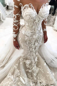 Robe de mariée sirène de luxe à fleurs manches longues pour femmes