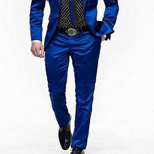 Costume 2 pièces en satin bleu royal à revers pour hommes