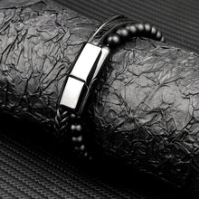 Charger l&#39;image dans la galerie, Bracelet à perles en cuir noir en acier inoxydable pour hommes
