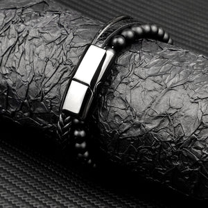 Bracelet à perles en cuir noir en acier inoxydable pour hommes