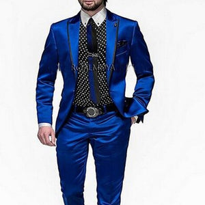 Costume 2 pièces en satin bleu royal à revers pour hommes