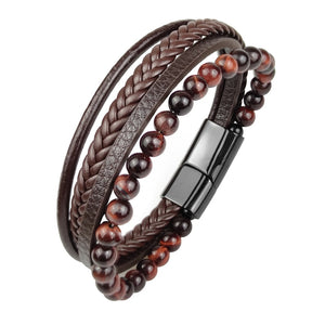 Bracelet à perles en cuir noir en acier inoxydable pour hommes