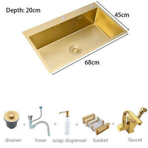 Évier de cuisine doré en acier inoxydable 304, panier de lavage avec égouttoir et distributeur de savon