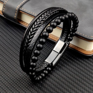 Bracelet à perles en cuir noir en acier inoxydable pour hommes