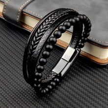 Charger l&#39;image dans la galerie, Bracelet à perles en cuir noir en acier inoxydable pour hommes
