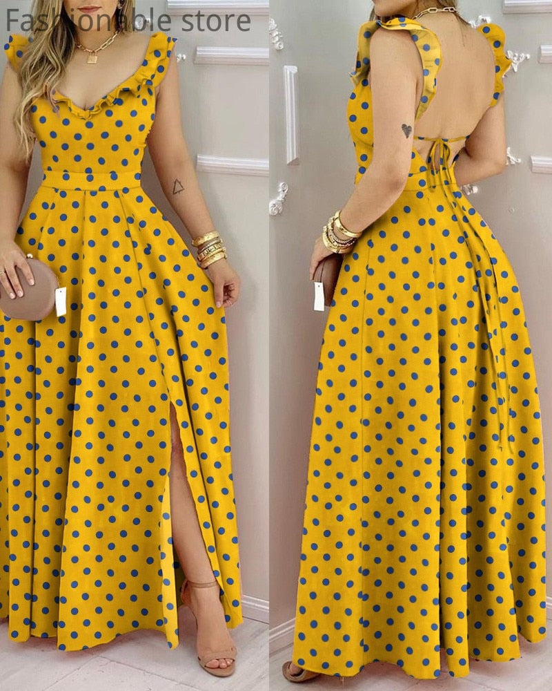 Robe maxi à volant, imprimé à pois pour femmes