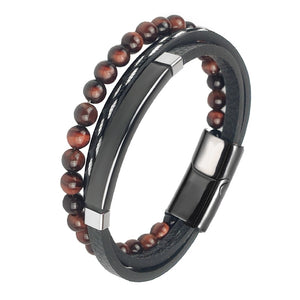 Bracelet à perles en cuir noir en acier inoxydable pour hommes