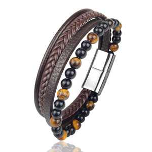 Bracelet à perles en cuir noir en acier inoxydable pour hommes