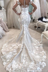 Robe de mariée sirène de luxe à fleurs manches longues pour femmes