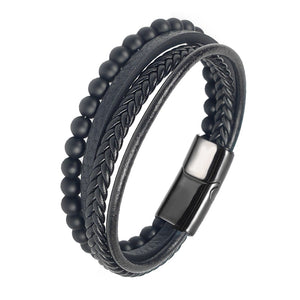 Bracelet à perles en cuir noir en acier inoxydable pour hommes