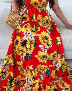 Robe maxi, imprimé tournesol sans manche pour femmes