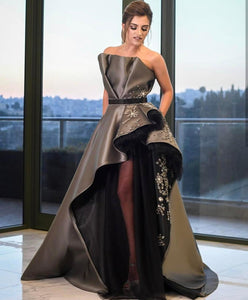 Robe de soirée asymétrique en satin et dentelle pour femmes