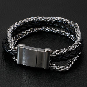 Bracelet en cuir tressé et acier inoxydable pour hommes