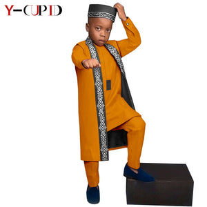 Vêtements africains, T-shirt + pantalon + Gilet long + chapeau pour enfants