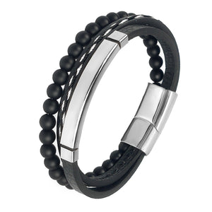 Bracelet à perles en cuir noir en acier inoxydable pour hommes