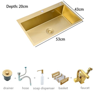 Évier de cuisine doré en acier inoxydable 304, panier de lavage avec égouttoir et distributeur de savon