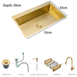 Évier de cuisine doré en acier inoxydable 304, panier de lavage avec égouttoir et distributeur de savon