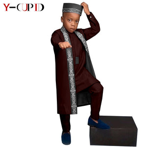 Vêtements africains, T-shirt + pantalon + Gilet long + chapeau pour enfants