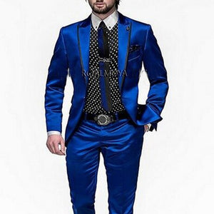 Costume 2 pièces en satin bleu royal à revers pour hommes