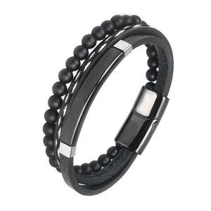 Bracelet à perles en cuir noir en acier inoxydable pour hommes