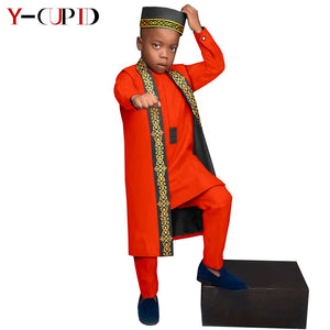 Vêtements africains, T-shirt + pantalon + Gilet long + chapeau pour enfants