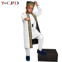 Charger l&#39;image dans la galerie, Vêtements africains, T-shirt + pantalon + Gilet long + chapeau pour enfants
