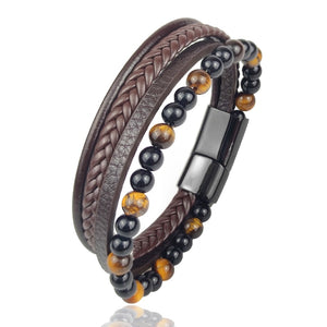 Bracelet à perles en cuir noir en acier inoxydable pour hommes