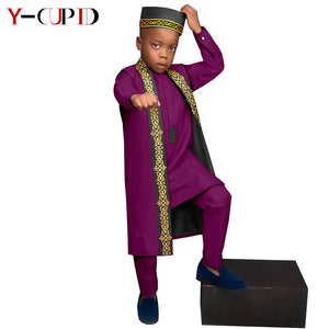 Vêtements africains, T-shirt + pantalon + Gilet long + chapeau pour enfants