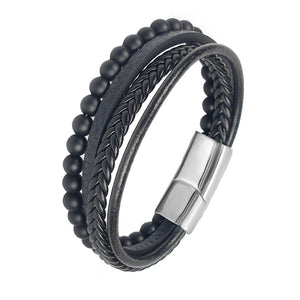 Bracelet à perles en cuir noir en acier inoxydable pour hommes